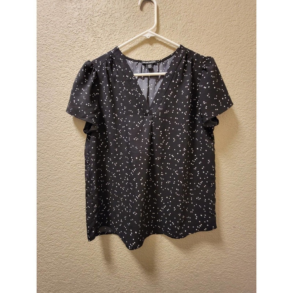 Hilary Radley Women's Small Shirt Black & White Polka Dots V-Neck Short Sleeves